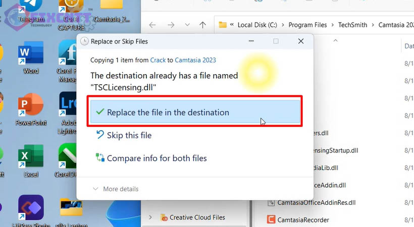 Chọn Replace cài camtasia 2023